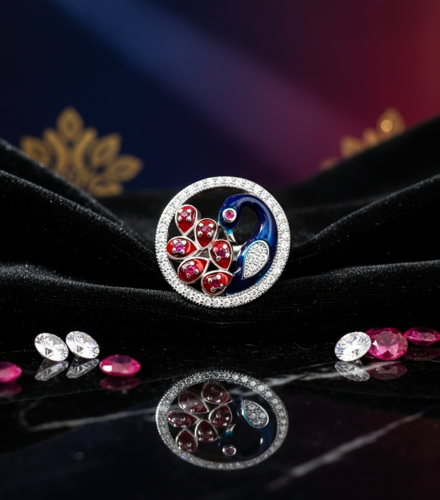 Silver Gorgeous Red Gem Stone Peacock Girls Ring