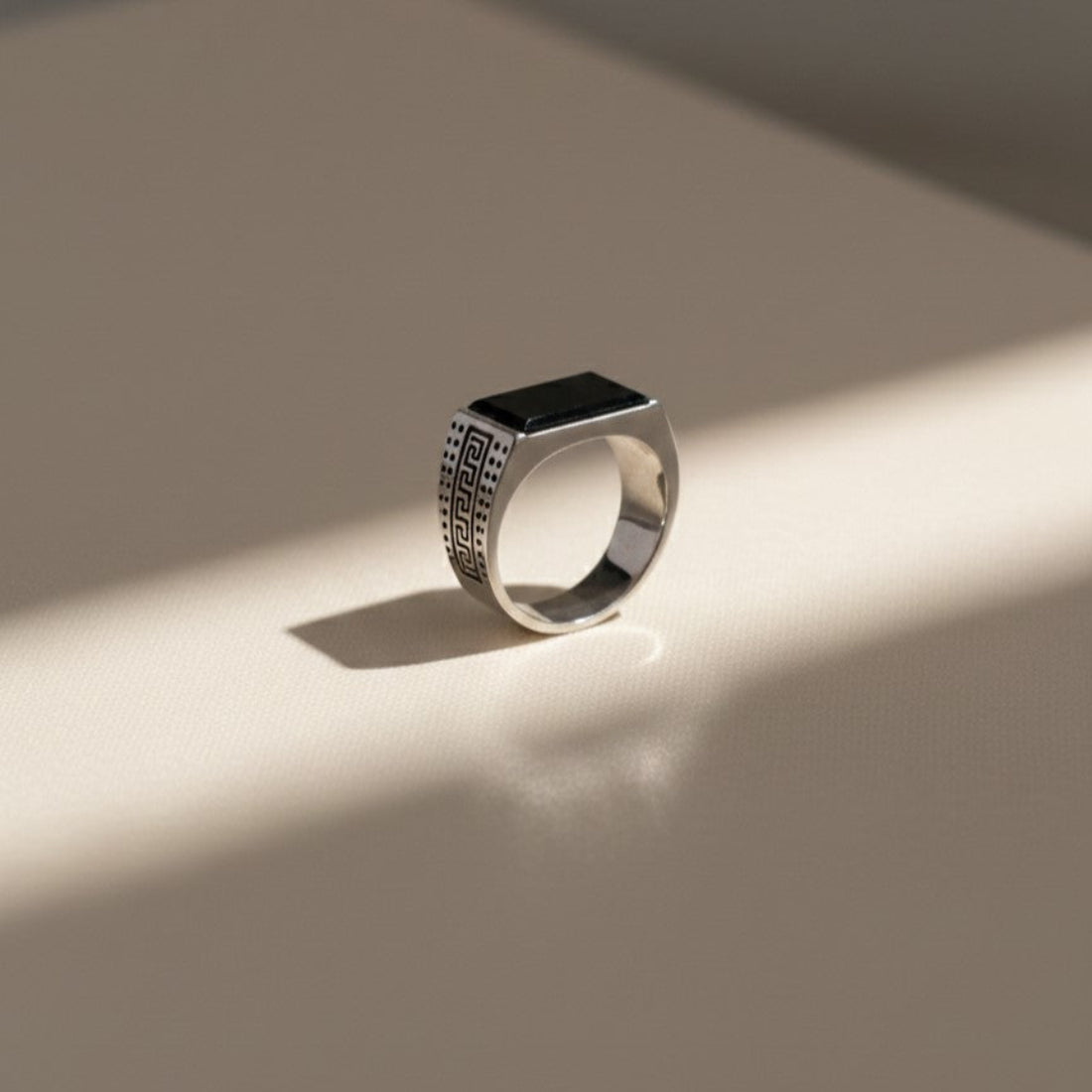 Sleek Silver Signet Ring, Greek Key