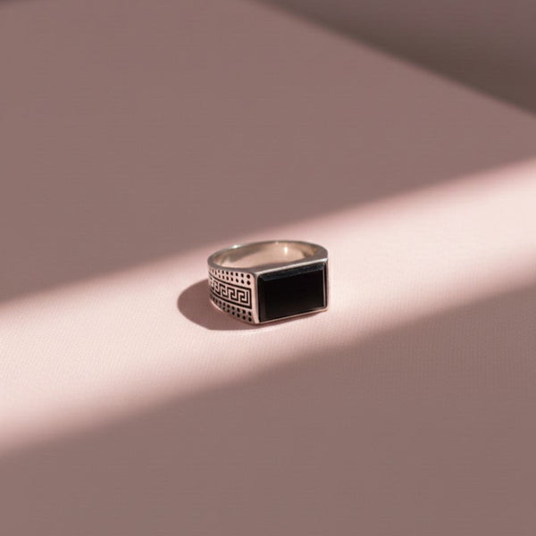 Sleek Silver Signet Ring, Greek Key