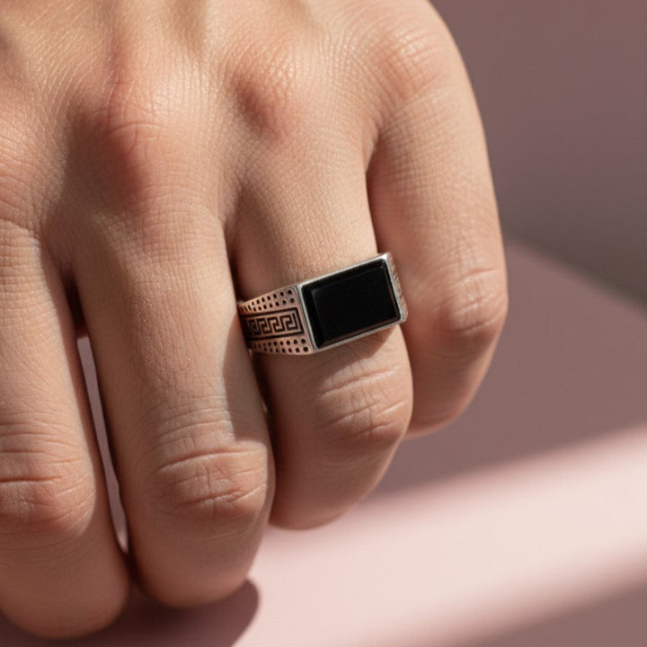 Sleek Silver Signet Ring, Greek Key