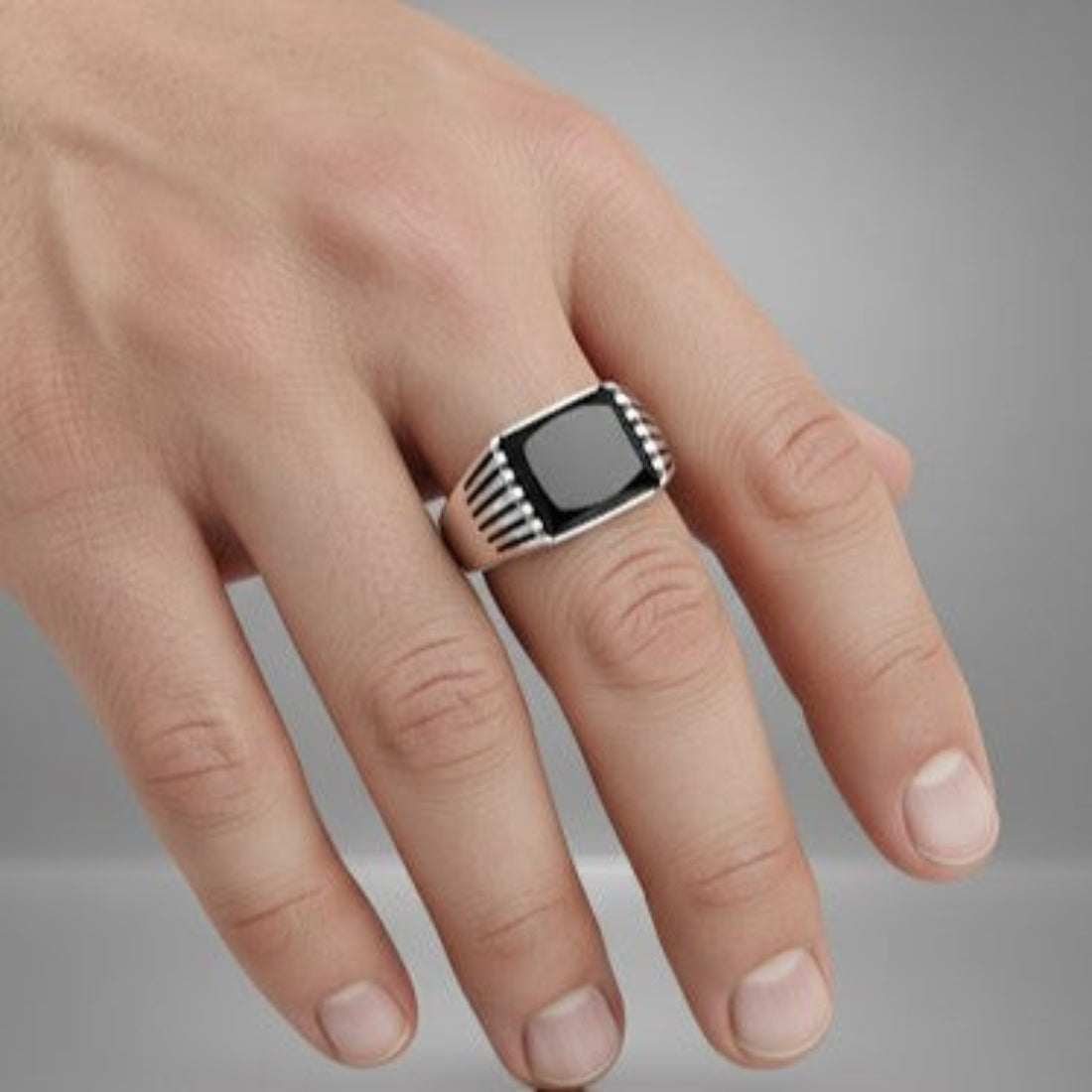 Bold Silver Signet Ring Black Stone.