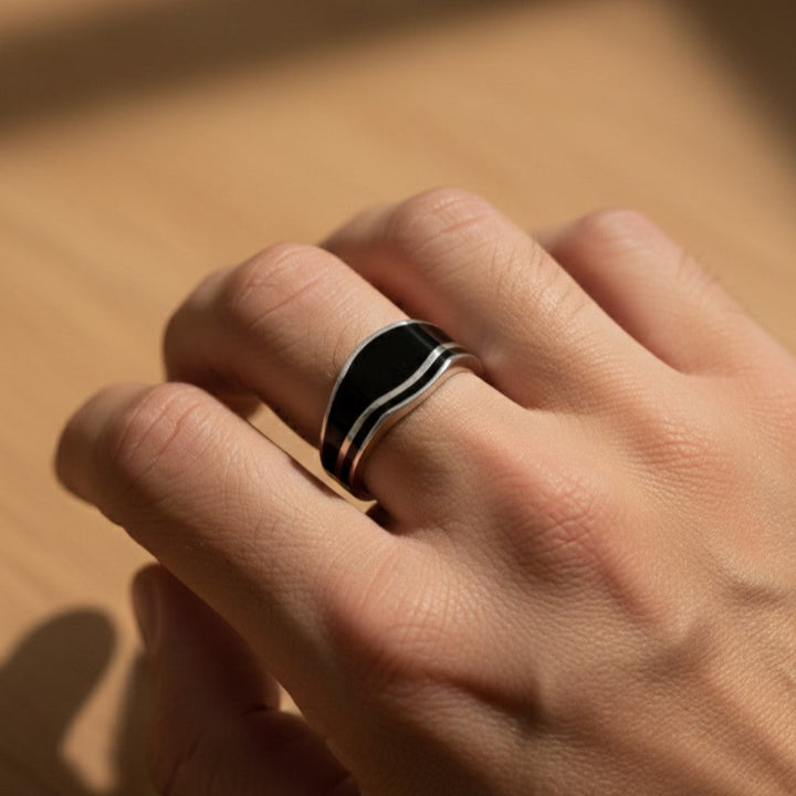 Sleek Black Inlaid Silver Signet Ring