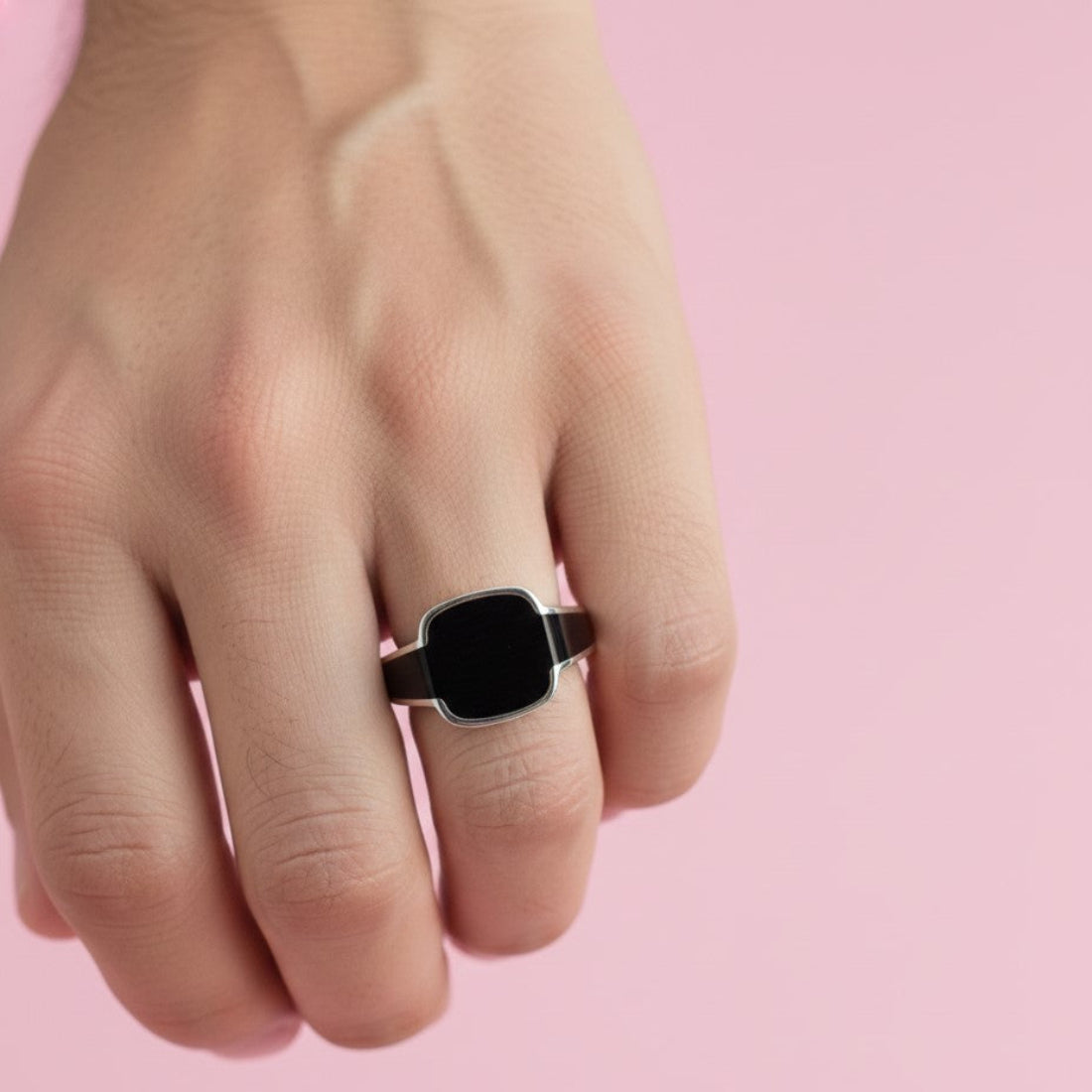Sleek Silver Signet Ring, Black Enamel Inlay.