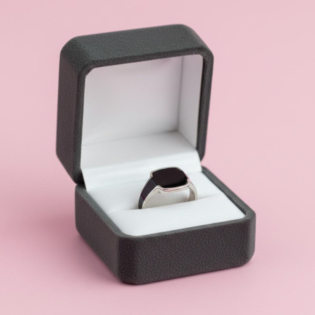 Sleek Silver Signet Ring, Black Enamel Inlay.