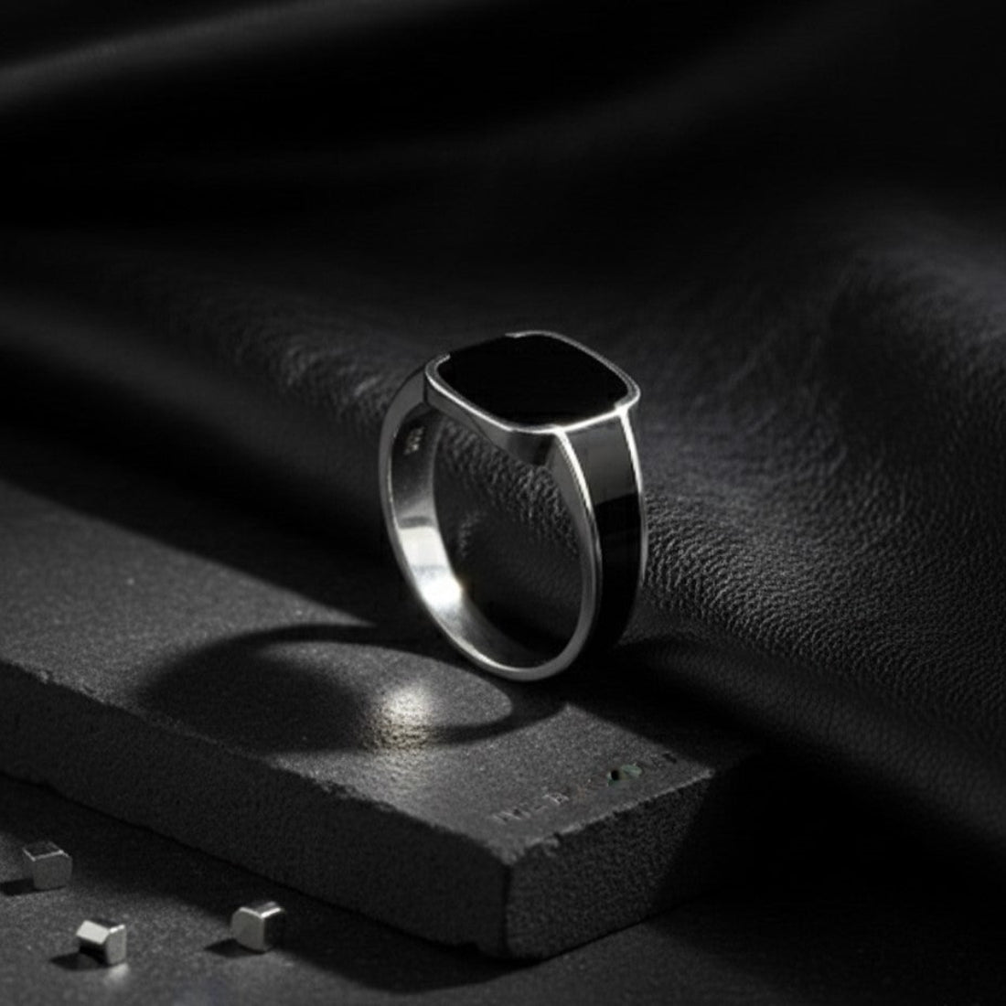 Sleek Silver Signet Ring, Black Enamel Inlay.