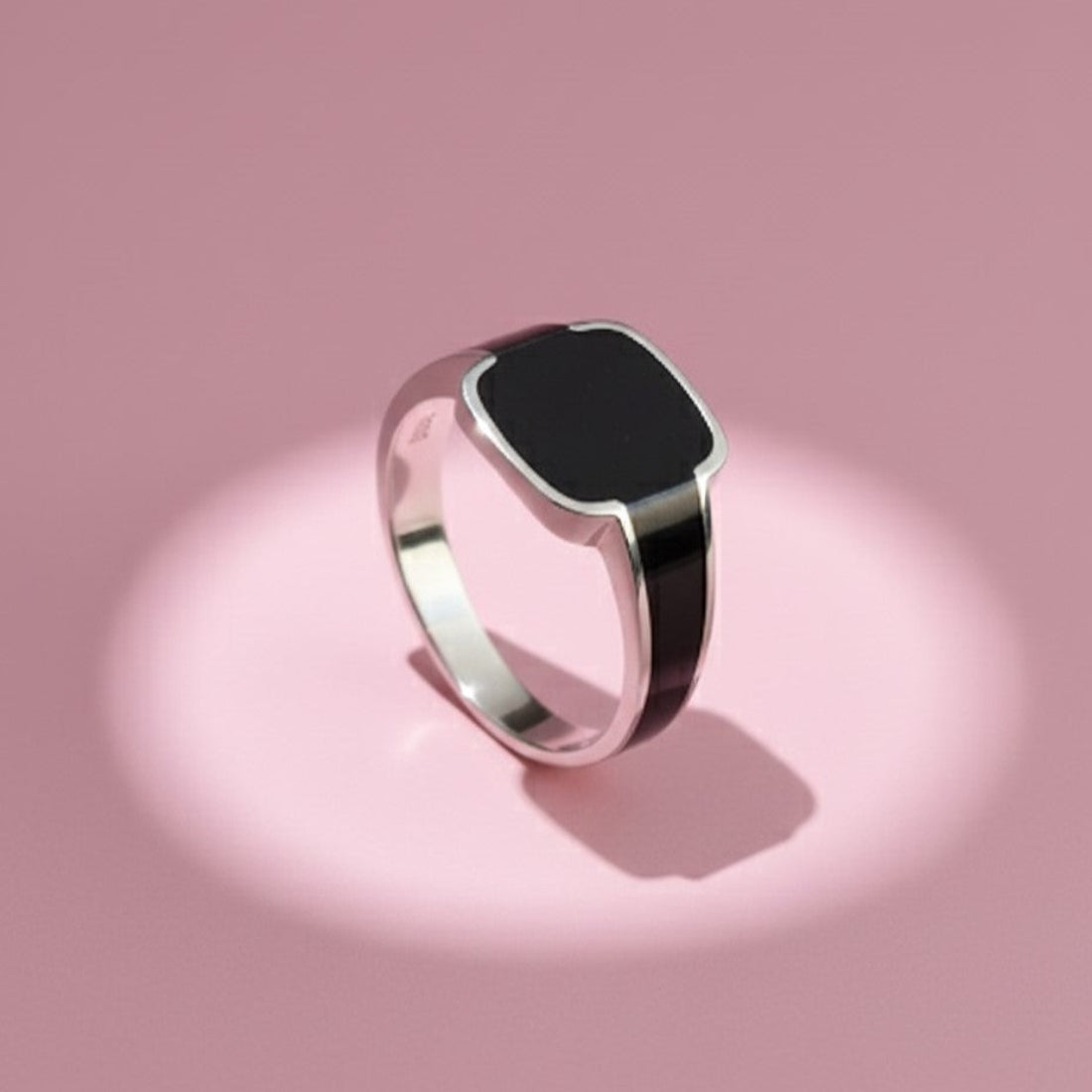 Sleek Silver Signet Ring, Black Enamel Inlay.
