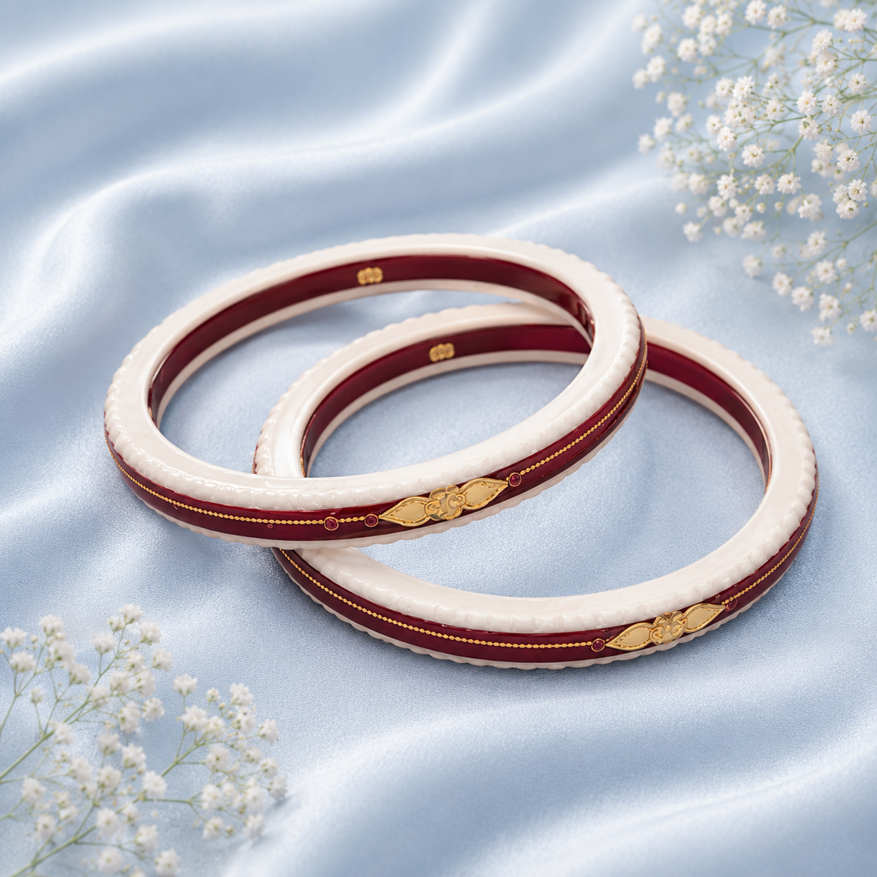 Elegant 22 Karat Gold Bangles - White and Maroon Design