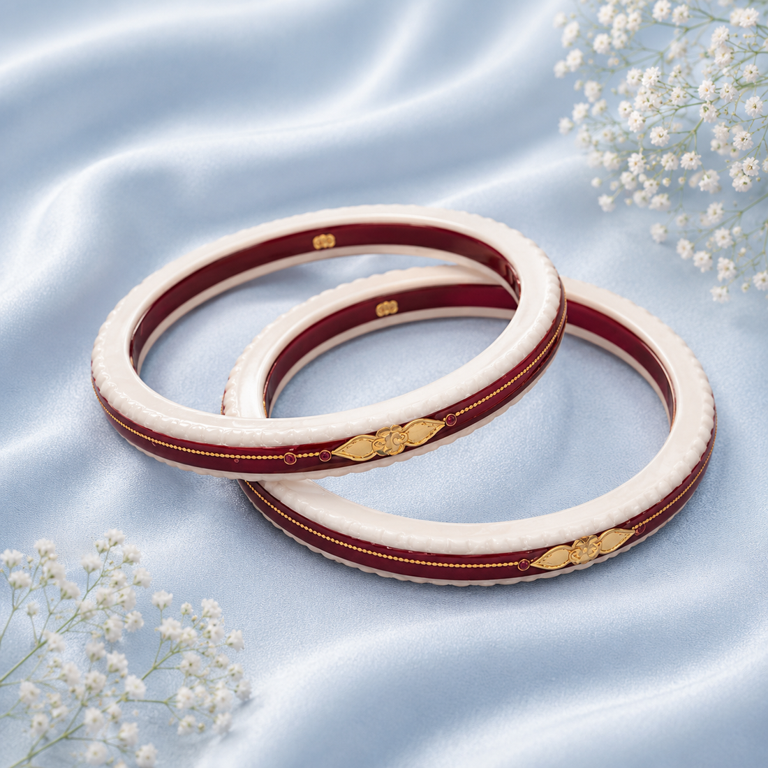 Elegant 22 Karat Gold Bangles - White and Maroon Design