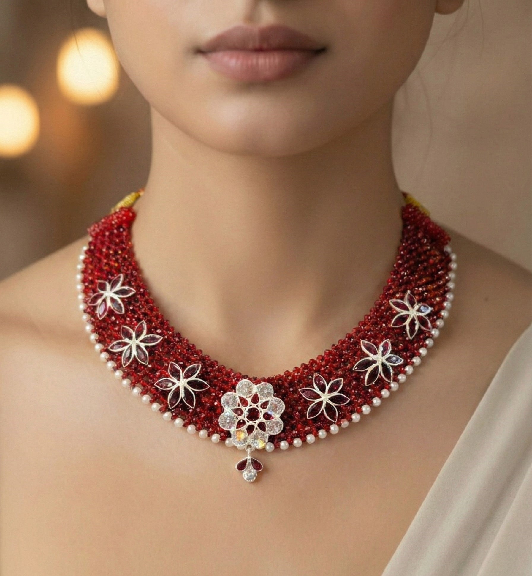 Strand Emerald and Diamond Floral Choker Necklace with Pearl Accents.