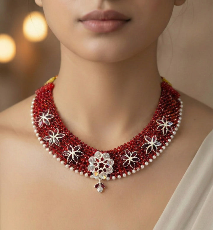 Strand Emerald and Diamond Floral Choker Necklace with Pearl Accents.