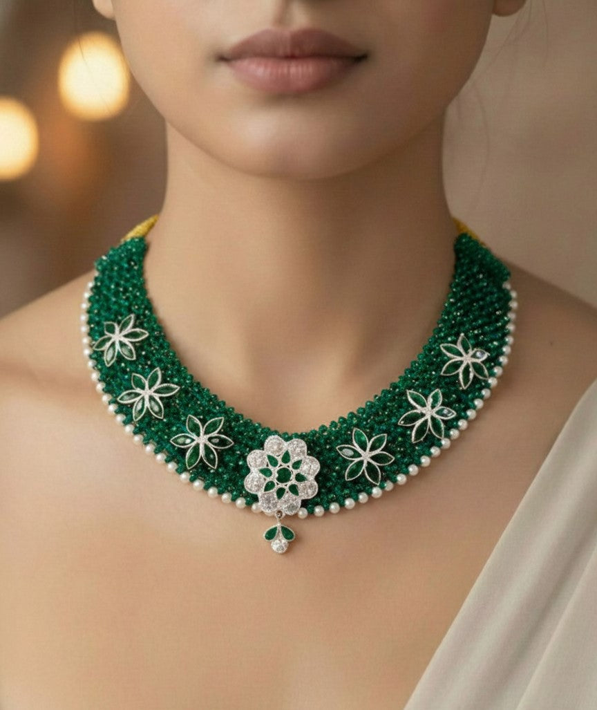 Strand Emerald and Diamond Floral Choker Necklace with Pearl Accents.