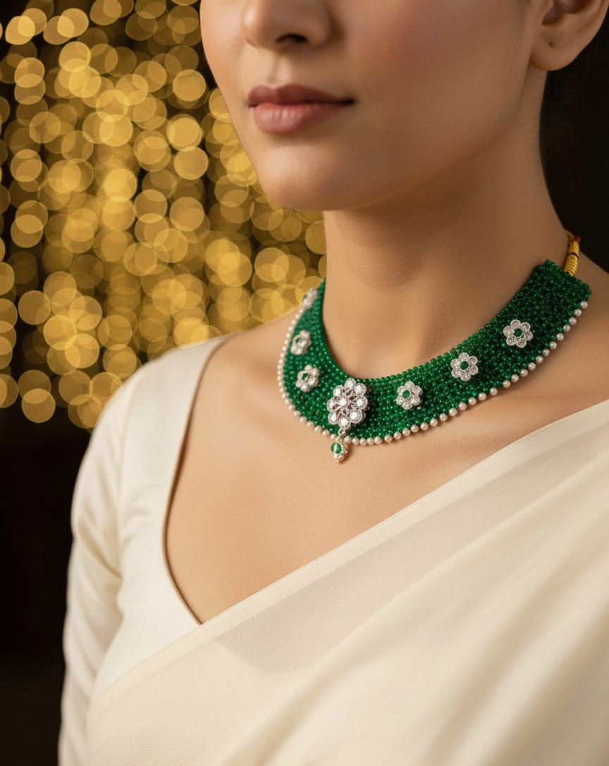 Exquisite Beaded Choker with Diamond-Look Floral Motifs