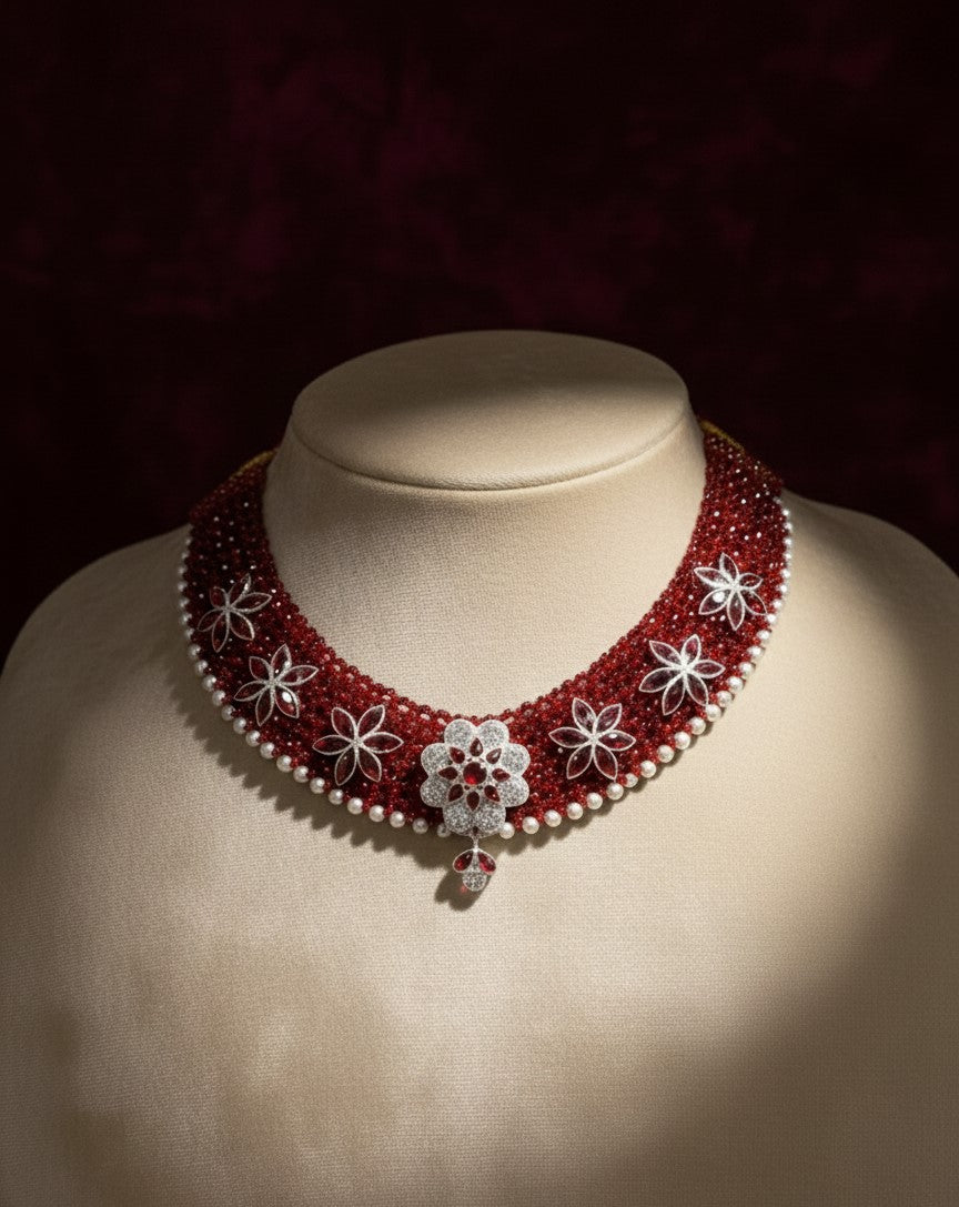 Strand Emerald and Diamond Floral Choker Necklace with Pearl Accents.