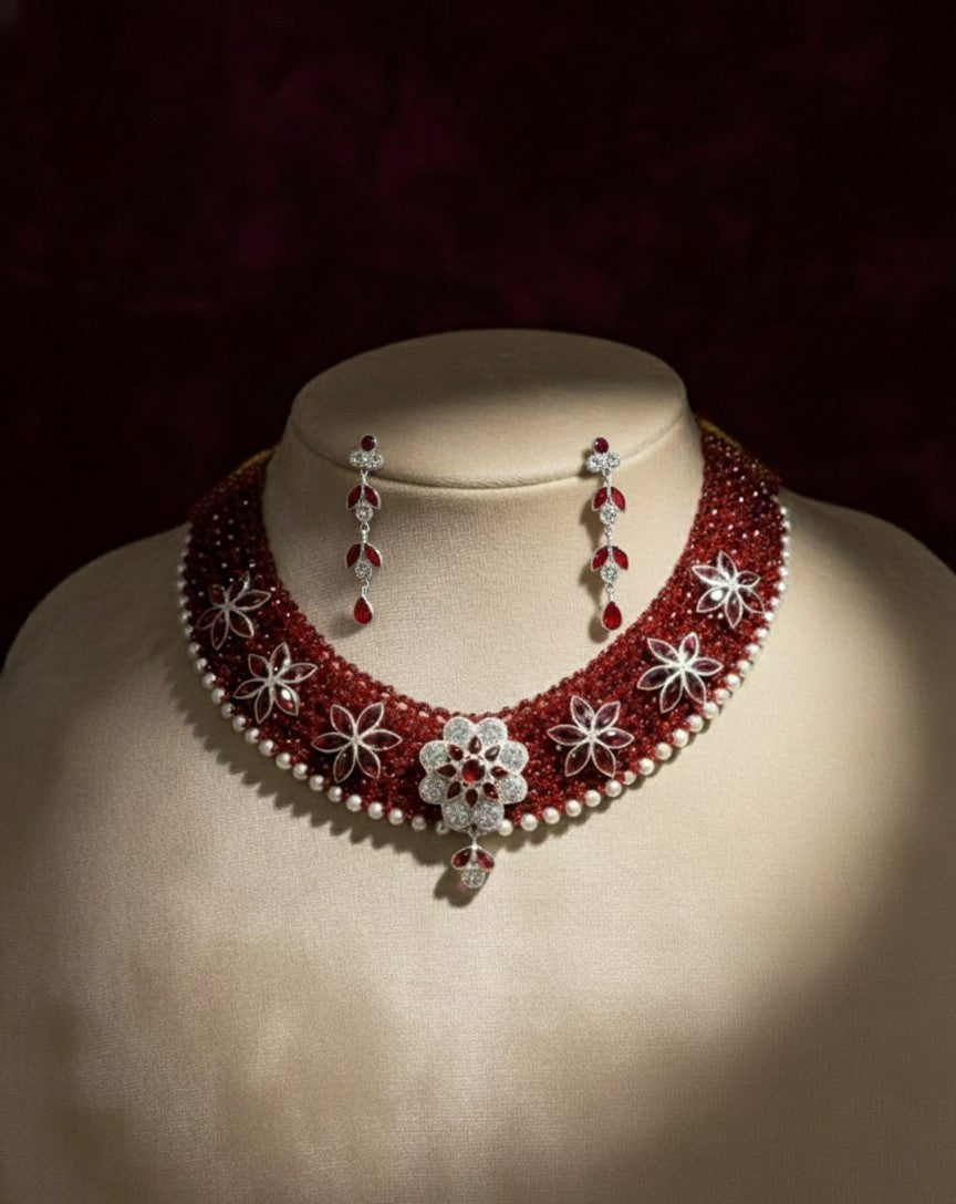 Strand Emerald and Diamond Floral Choker Necklace with Pearl Accents.