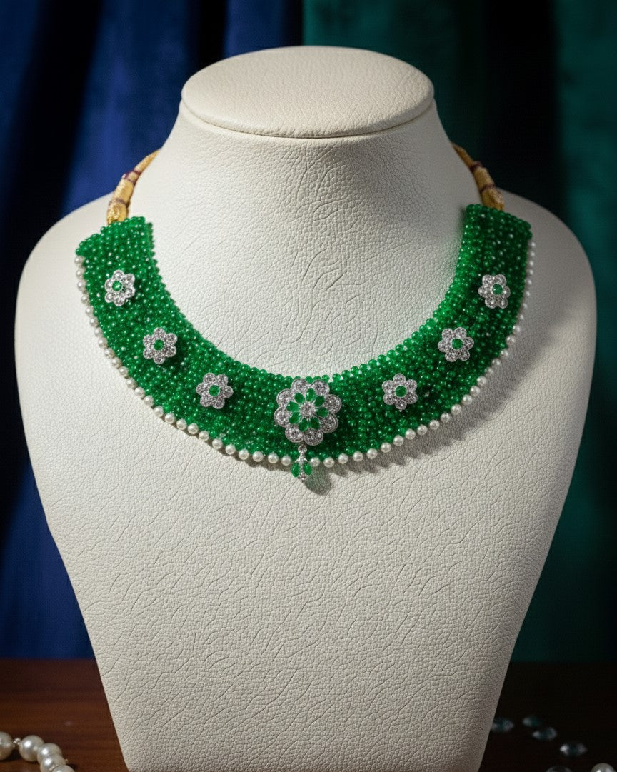 Exquisite Beaded Choker with Diamond-Look Floral Motifs