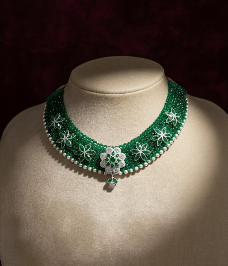 Strand Emerald and Diamond Floral Choker Necklace with Pearl Accents.