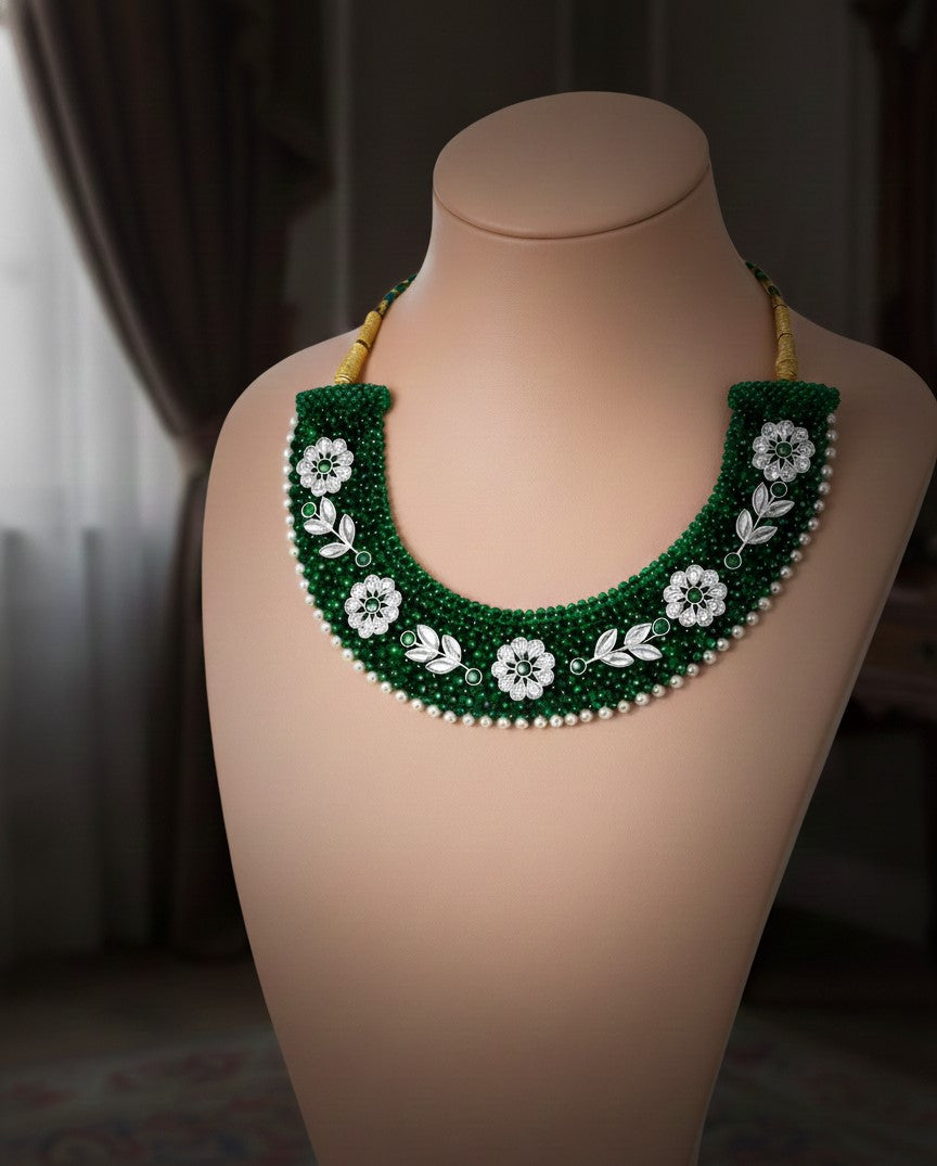 Emerald Beaded Choker with Pearl Border and Floral Motifs