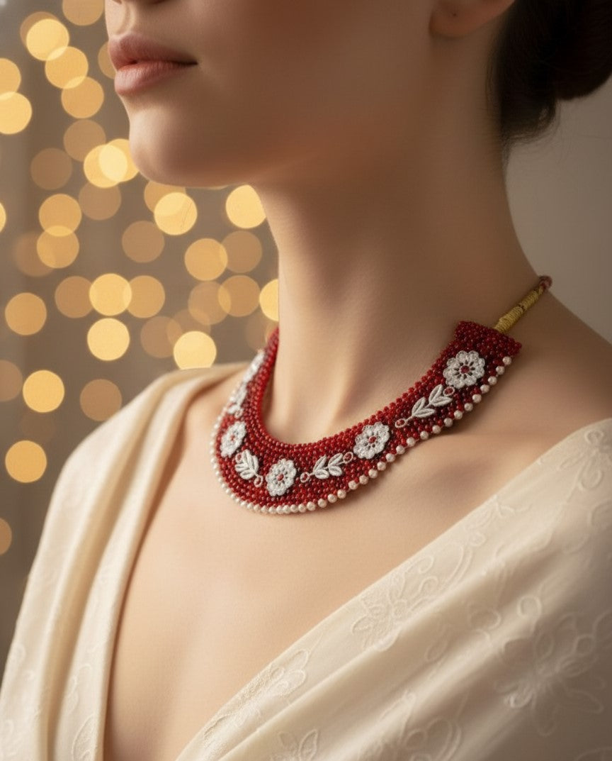 Emerald Beaded Choker with Pearl Border and Floral Motifs