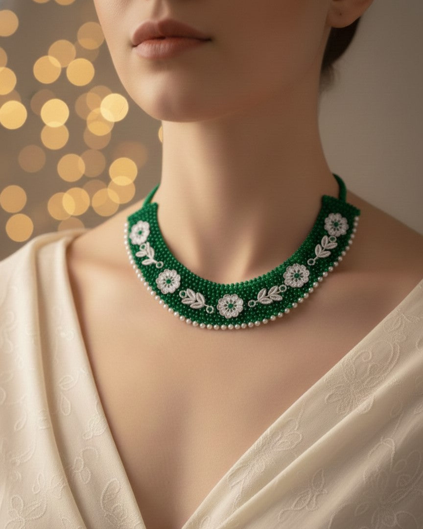 Emerald Beaded Choker with Pearl Border and Floral Motifs