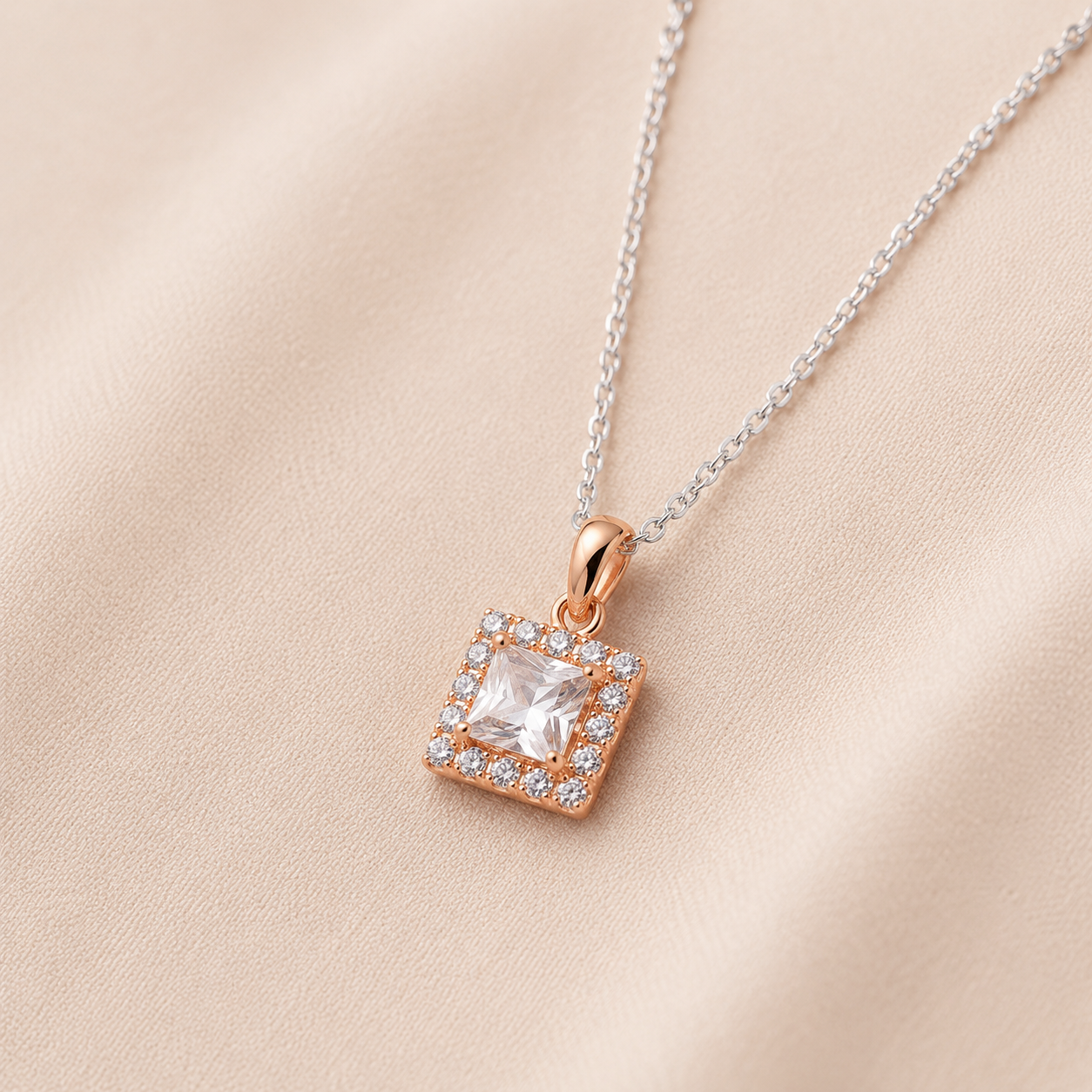 925 Sterling Silver Rose Gold Square Solitaire Pendant Necklace for Women