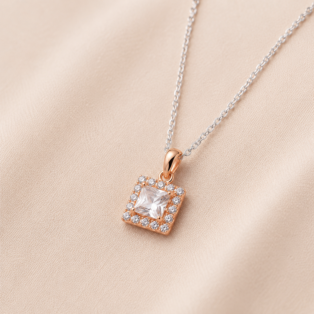 925 Sterling Silver Rose Gold Square Solitaire Pendant Necklace for Women
