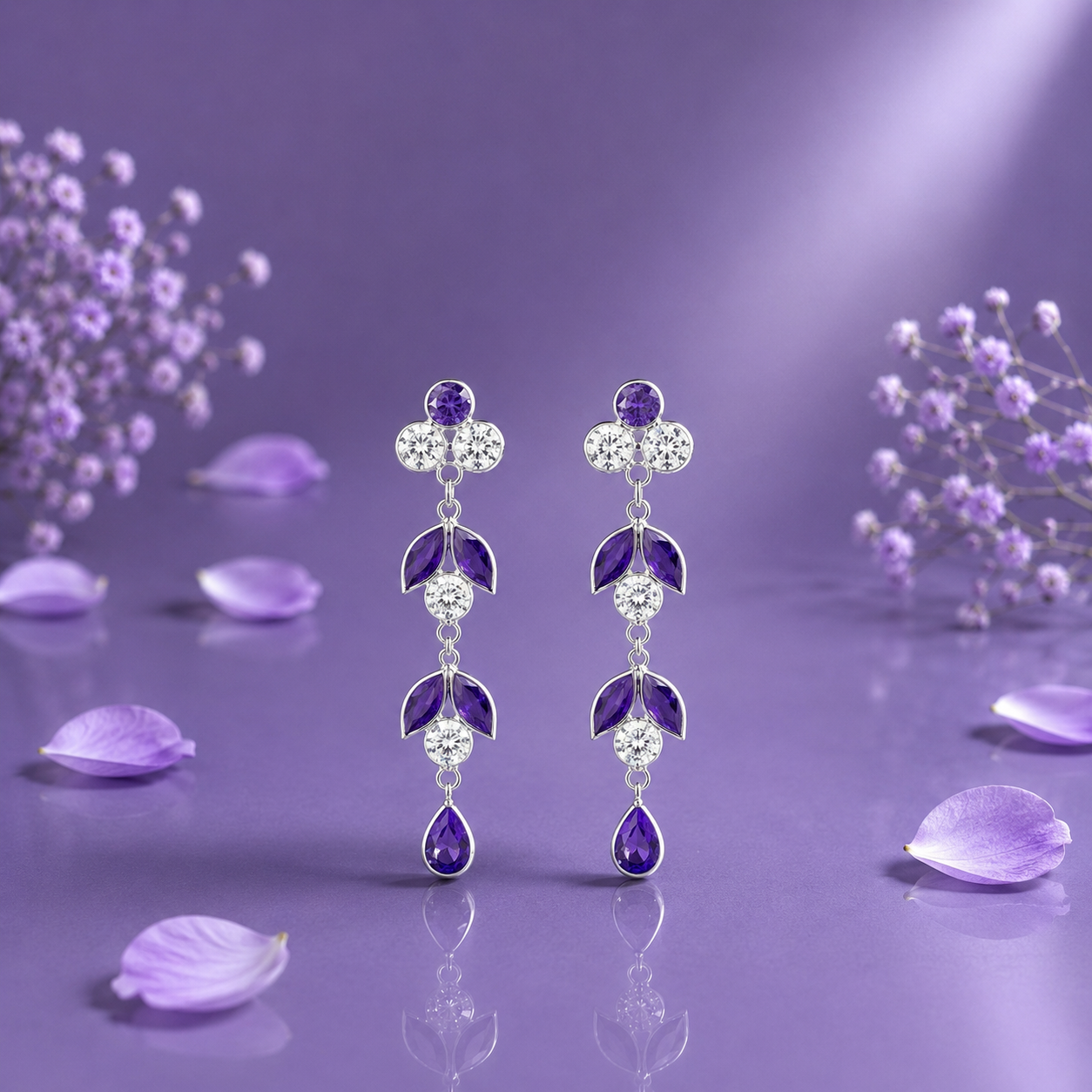 Elegant Purple Crystal Drop Earrings in Silver Finish