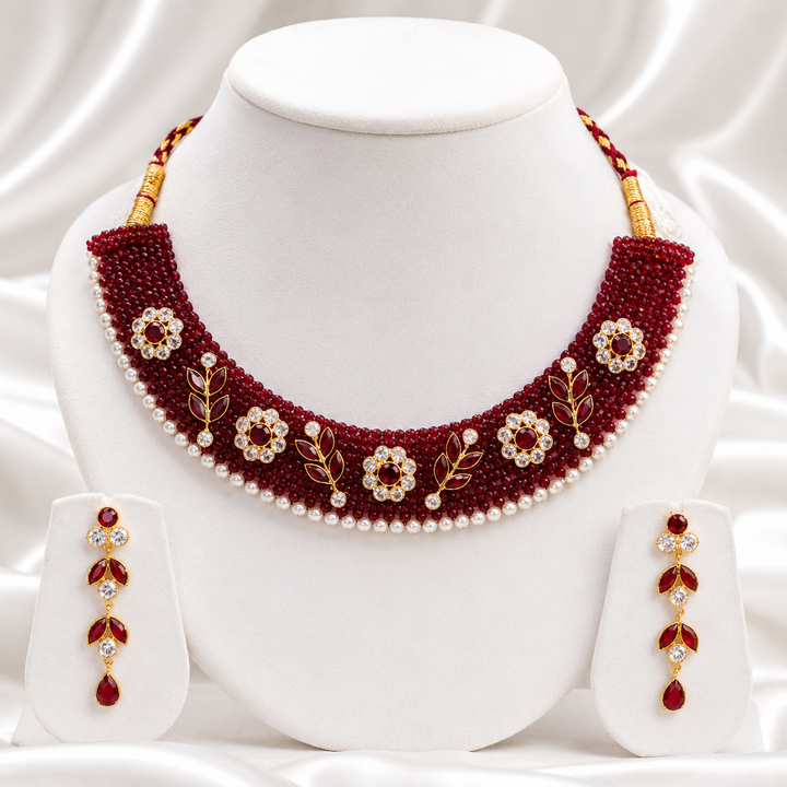 Chatai Necklace maroon floral /  Gold  Polish