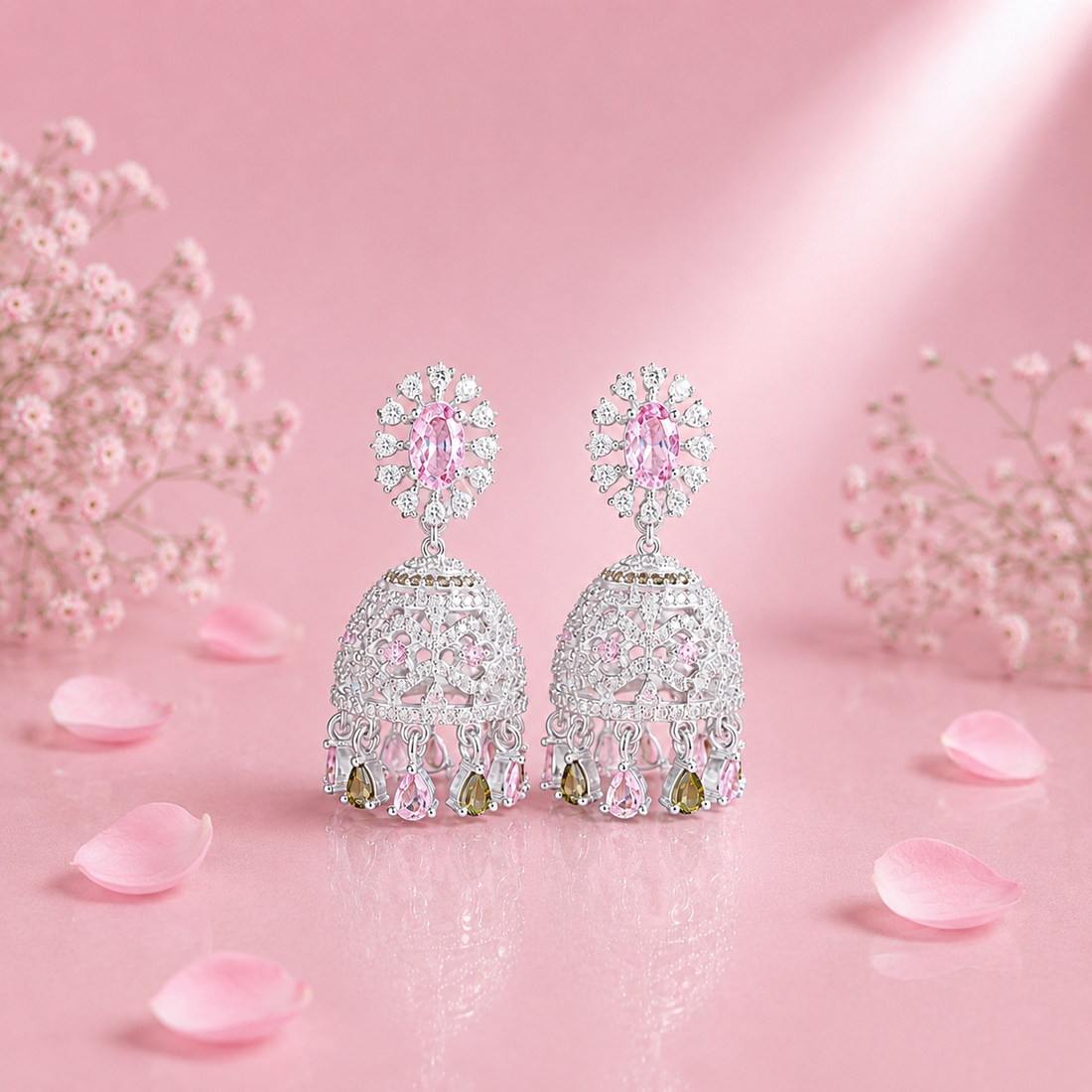 Elegant Silver Floral Jhumka Earrings with Pink Stone Accents
