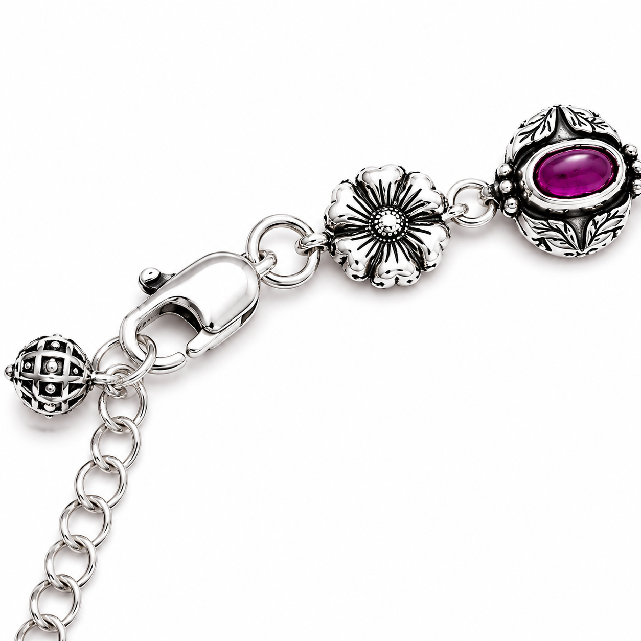 925 Sterling Silver Floral Gemstone Bracelet | Handmade Oxidized Silver Bracelet for Women