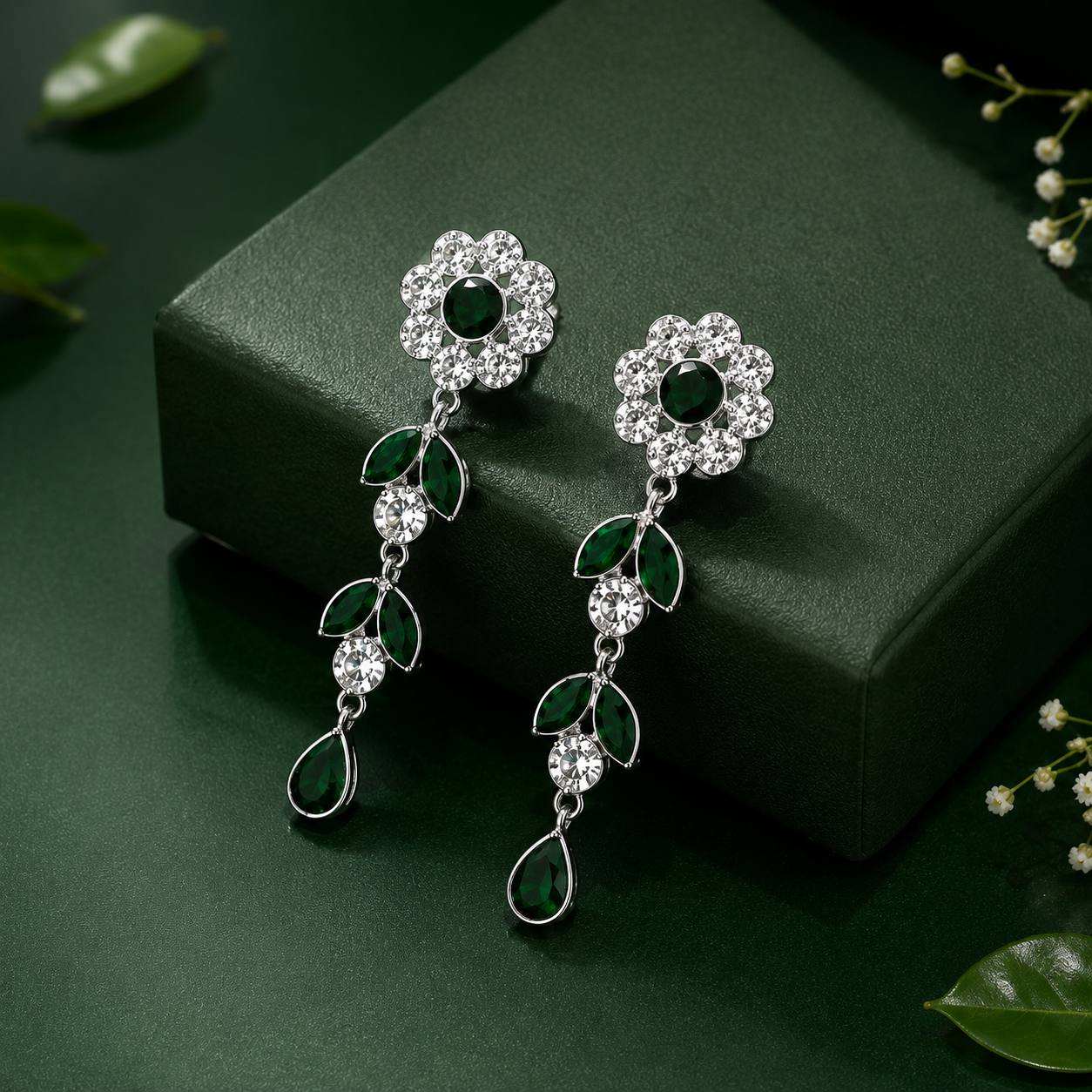 Elegant Emerald Green Floral Drop Earrings in Silver Finish