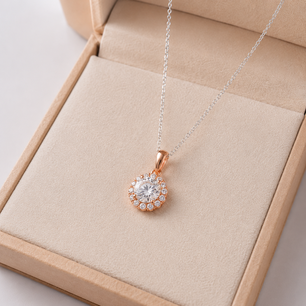 925 Sterling Silver Rose Gold Halo Solitaire Pendant Necklace for Women