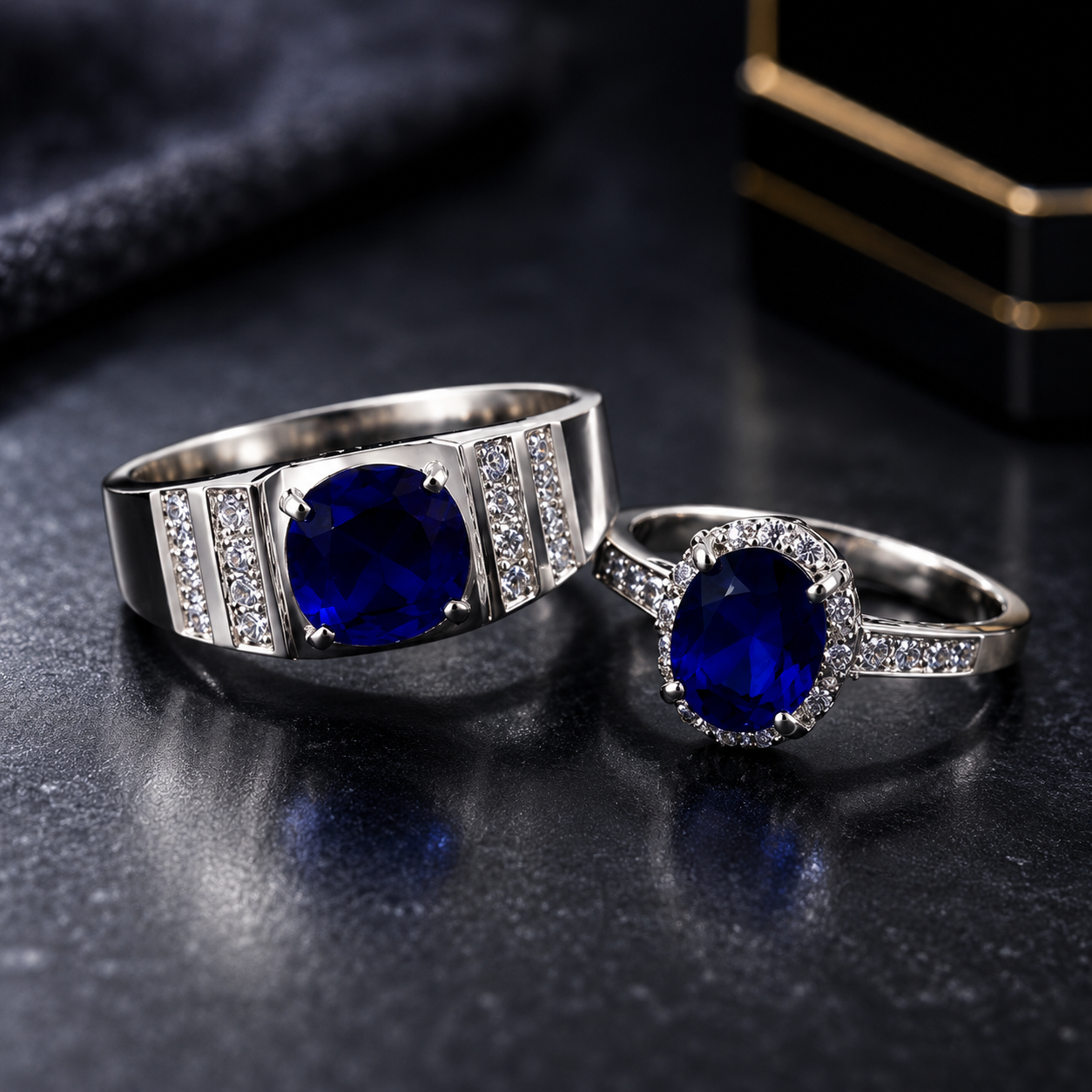 Royal Blue Couple Ring Set – Elegant Silver Design