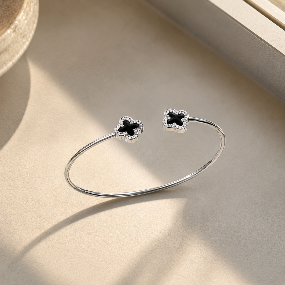 Black Clover Silver Open Cuff Bracelet for Women