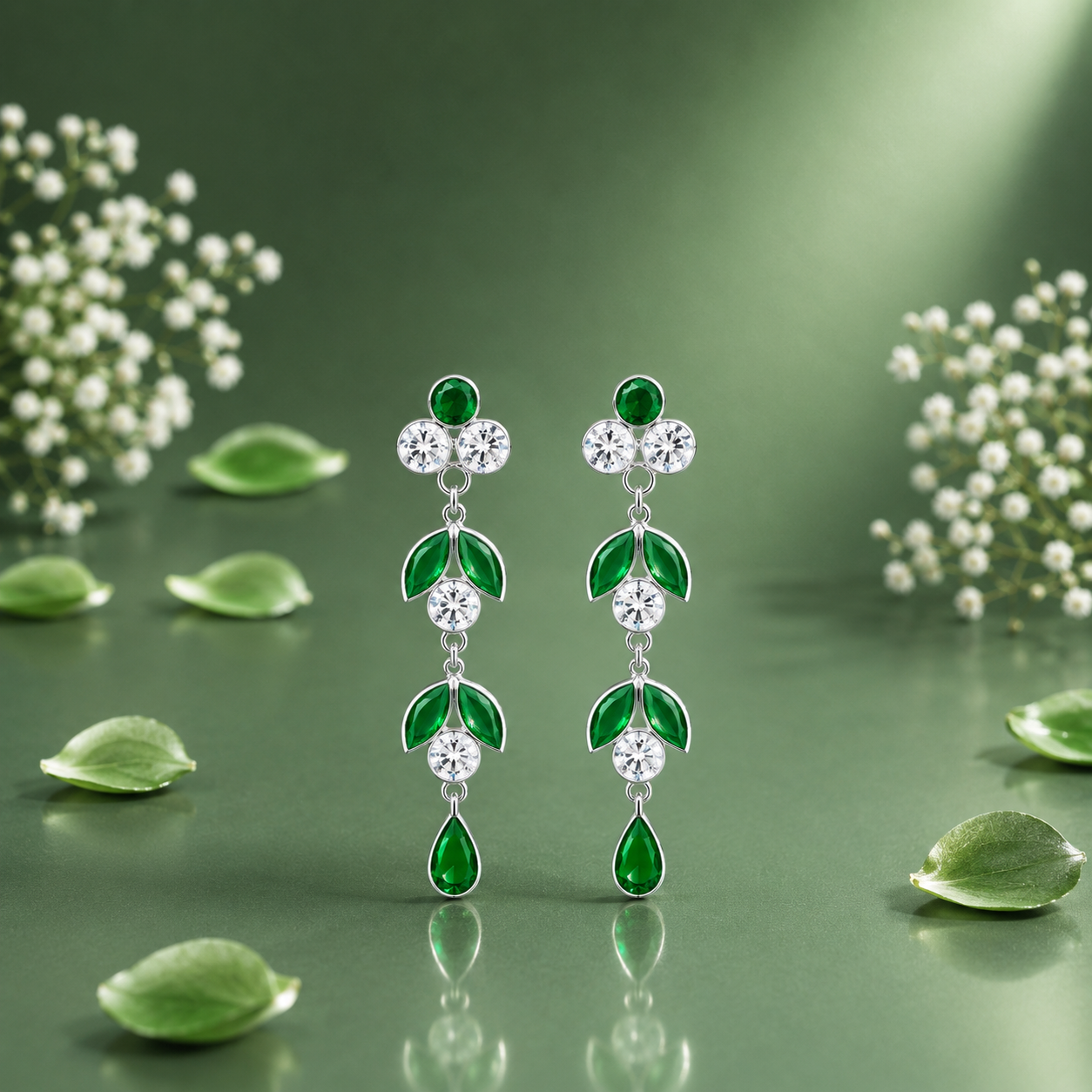 Elegant Emerald Green Crystal Drop Earrings in Silver Finish