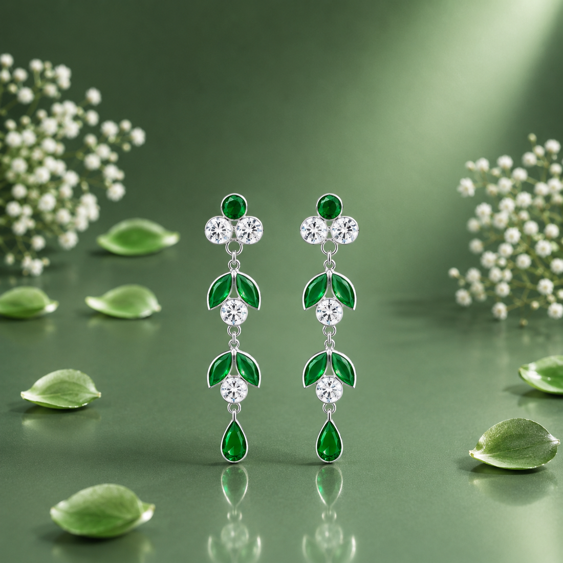 Elegant Emerald Green Crystal Drop Earrings in Silver Finish