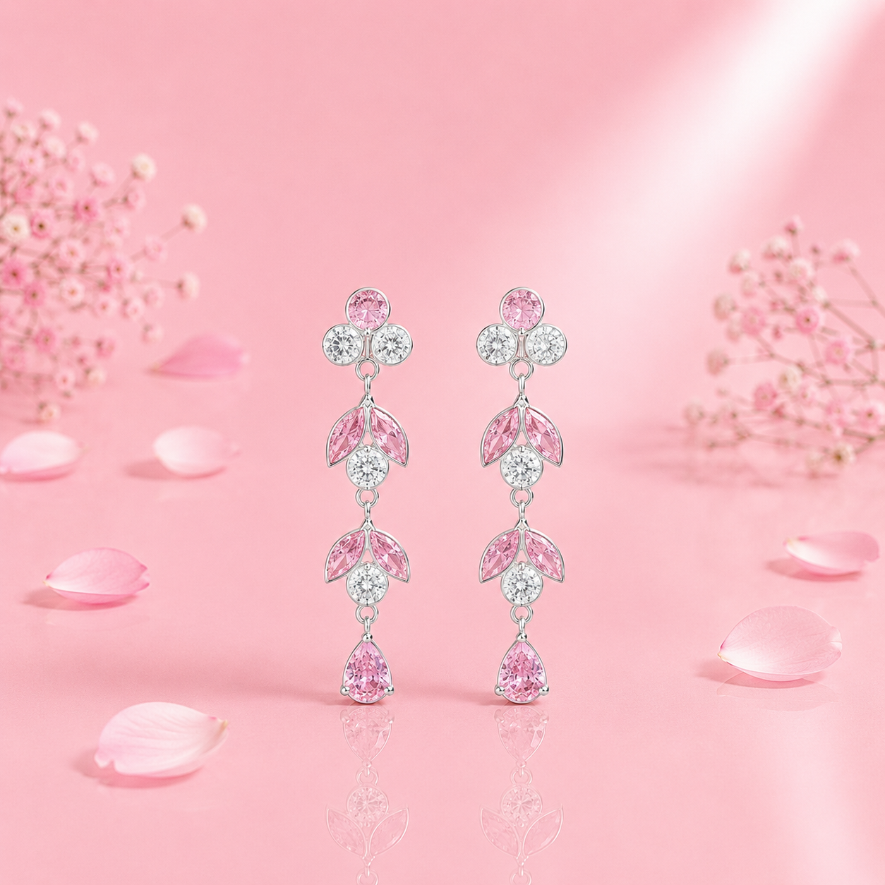 Elegant Pink Crystal Drop Earrings in Silver Finish