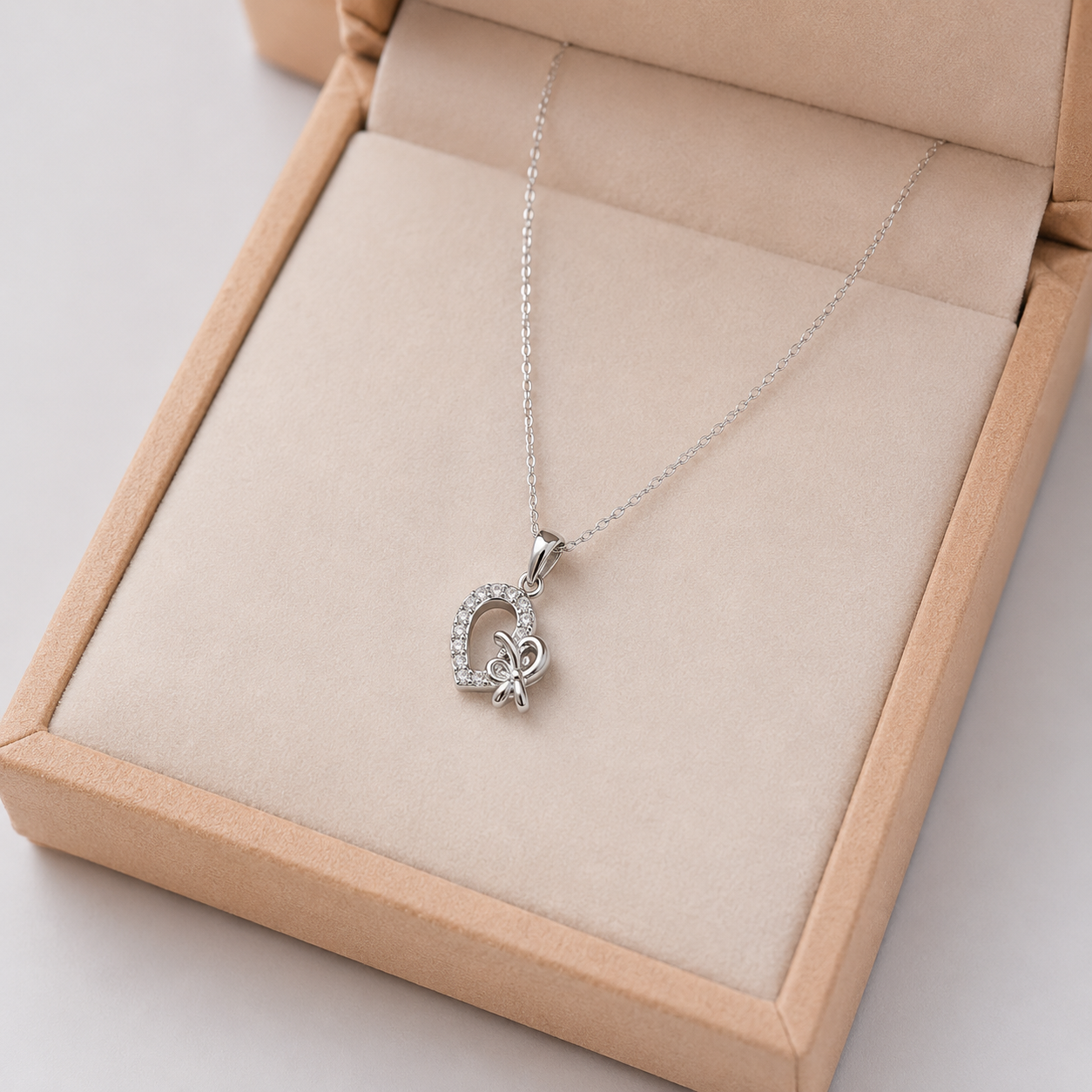 925 Sterling Silver Heart Butterfly Necklace for Women | Crystal Pendant Jewelry