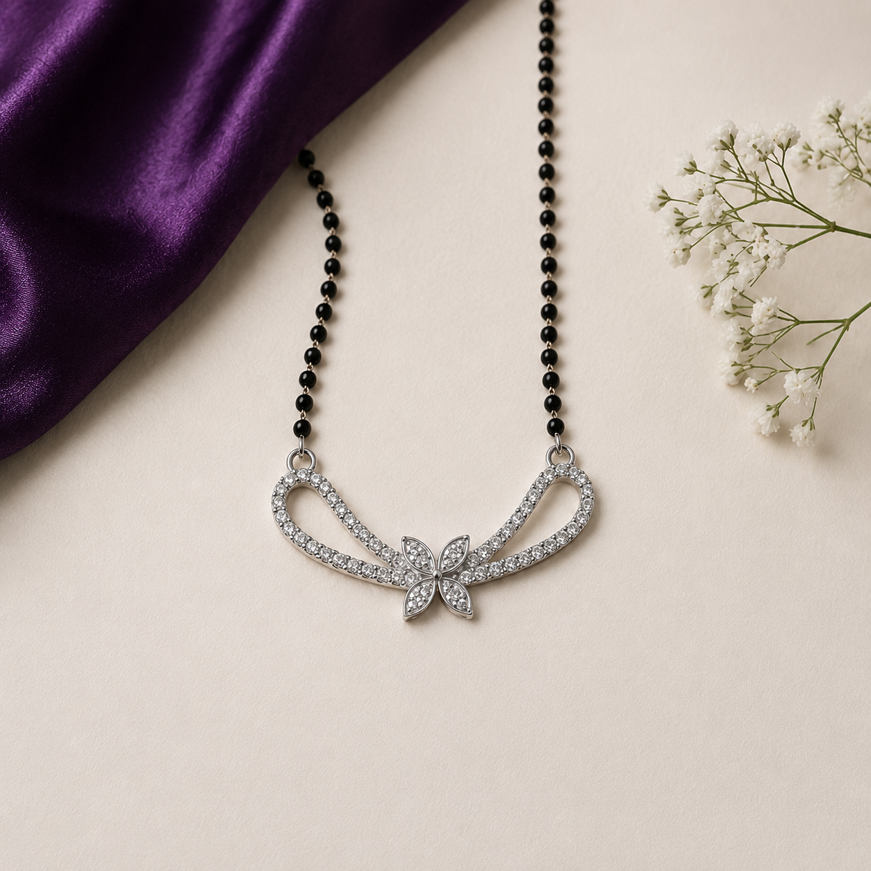 Silver Butterfly Infinity Mangalsutra with Black Beaded Chain
