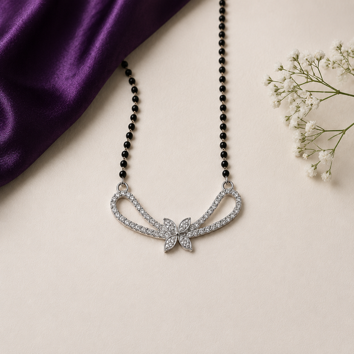 Silver Butterfly Infinity Mangalsutra with Black Beaded Chain