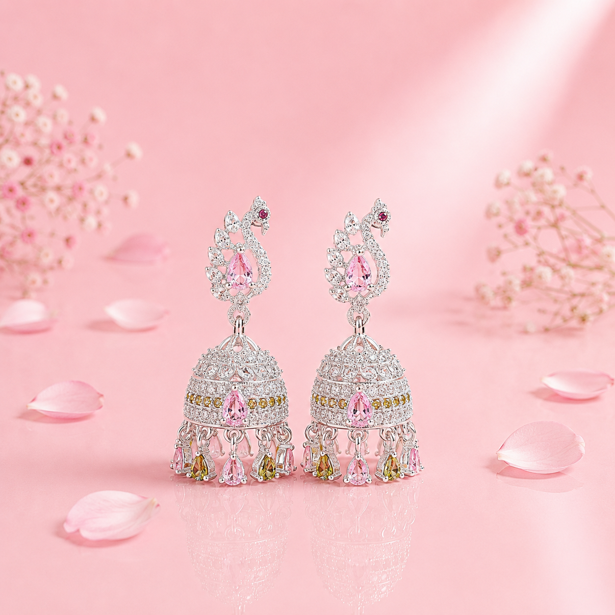 Elegant Silver Peacock Jhumka Earrings with Pink & Green Stones
