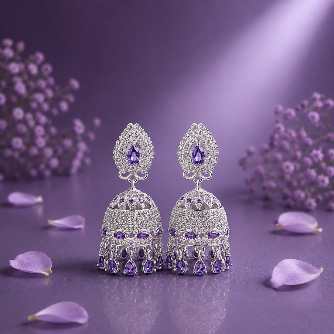 Luxury Silver Jhumka Earrings with Purple Stone Detailing