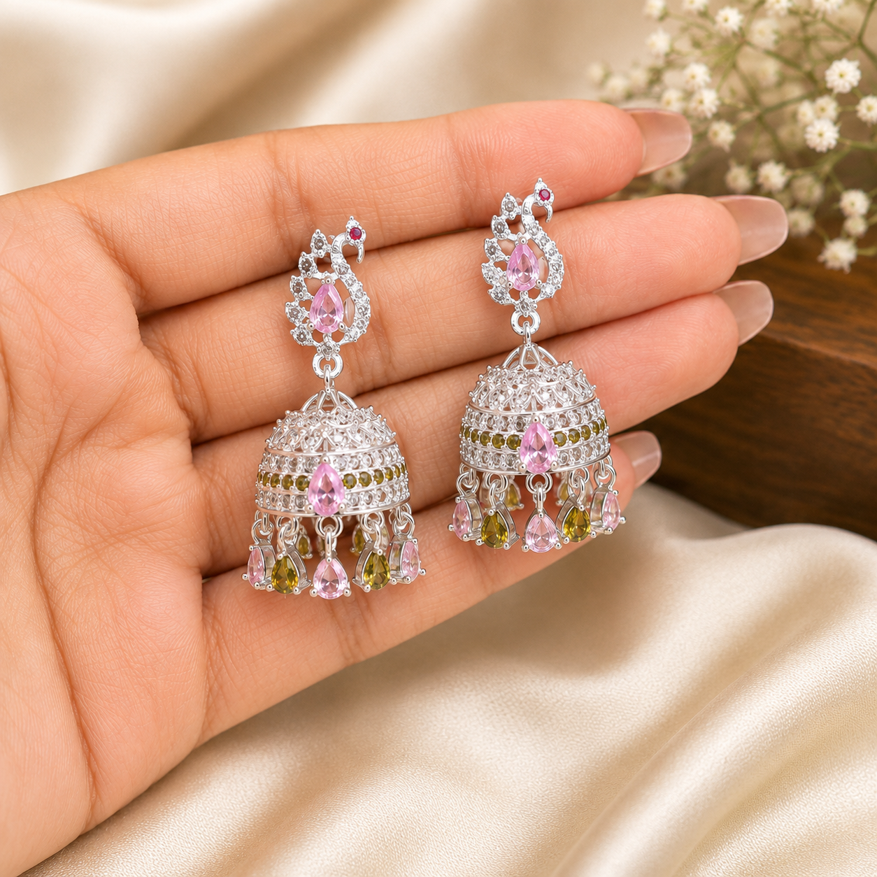 Elegant Silver Peacock Jhumka Earrings with Pink & Green Stones