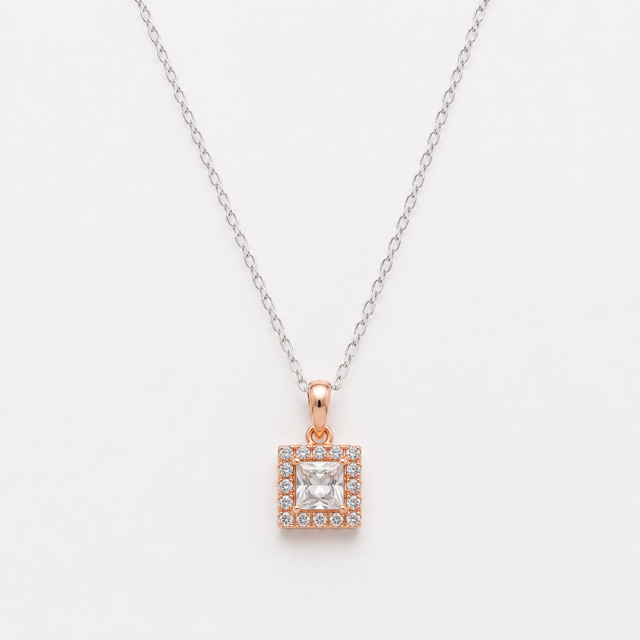 925 Sterling Silver Rose Gold Square Solitaire Pendant Necklace for Women