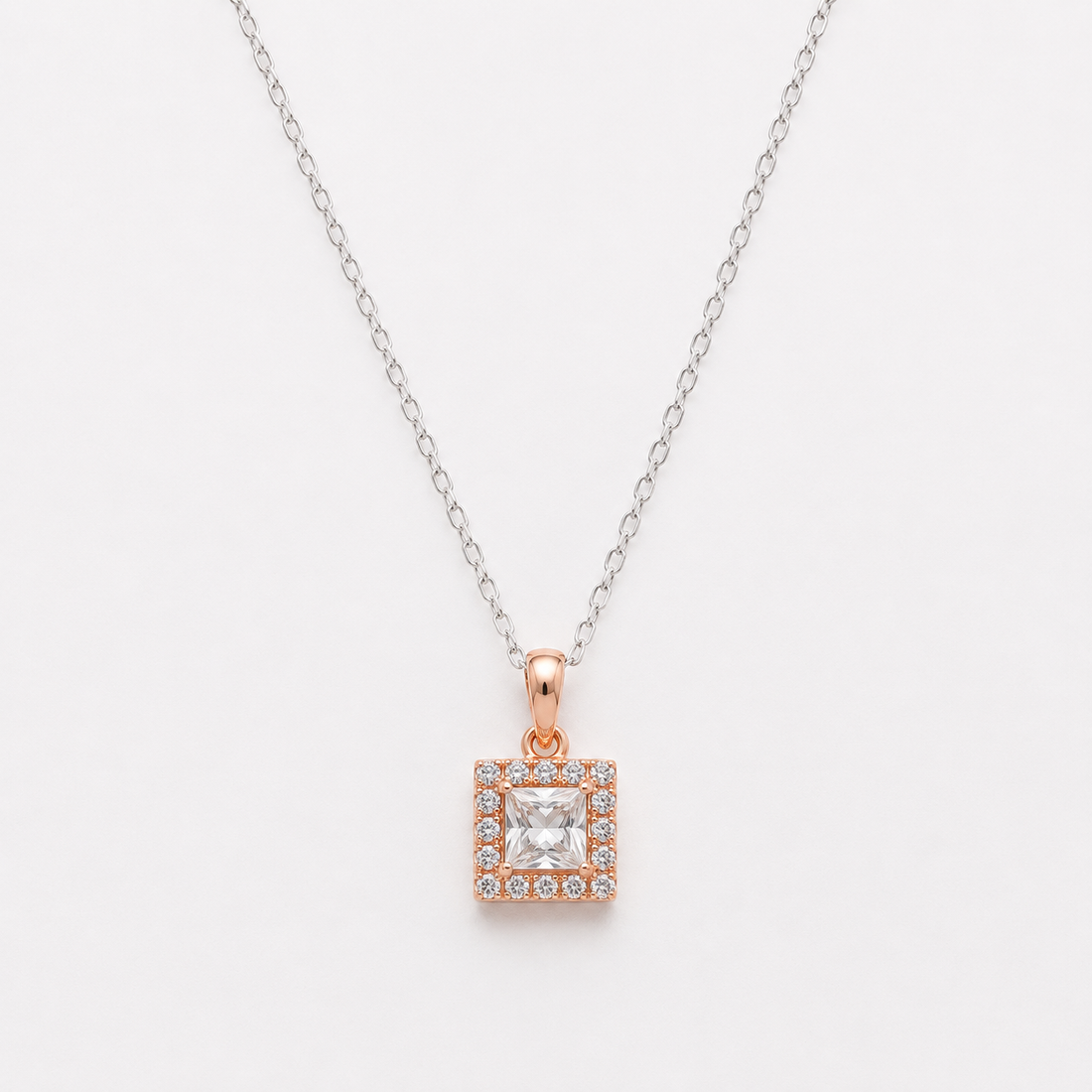 925 Sterling Silver Rose Gold Square Solitaire Pendant Necklace for Women