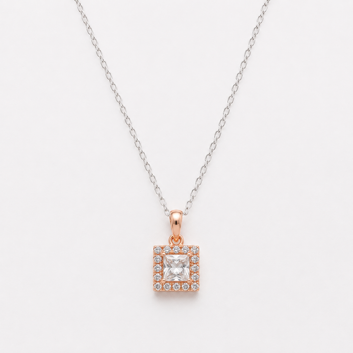 925 Sterling Silver Rose Gold Square Solitaire Pendant Necklace for Women
