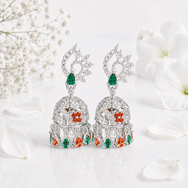 Designer Silver Jhumka Earrings with Emerald Green & Orange Stones