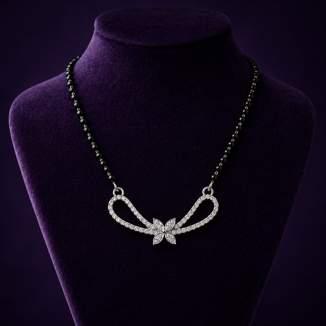 Silver Butterfly Infinity Mangalsutra with Black Beaded Chain