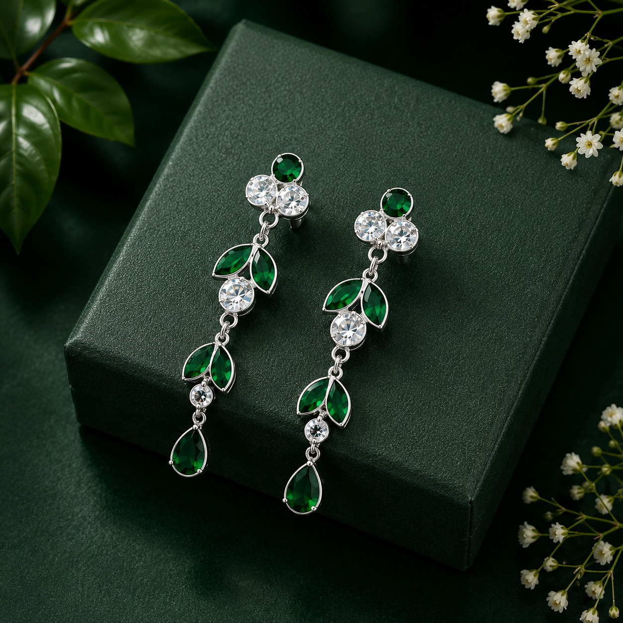 Elegant Emerald Green Crystal Drop Earrings in Silver Finish