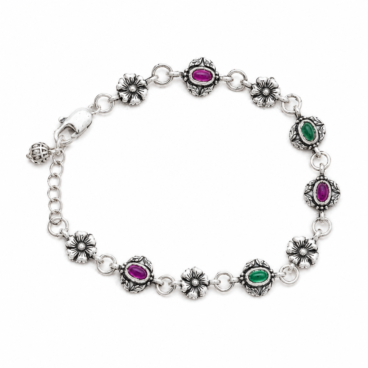 925 Sterling Silver Floral Gemstone Bracelet | Handmade Oxidized Silver Bracelet for Women