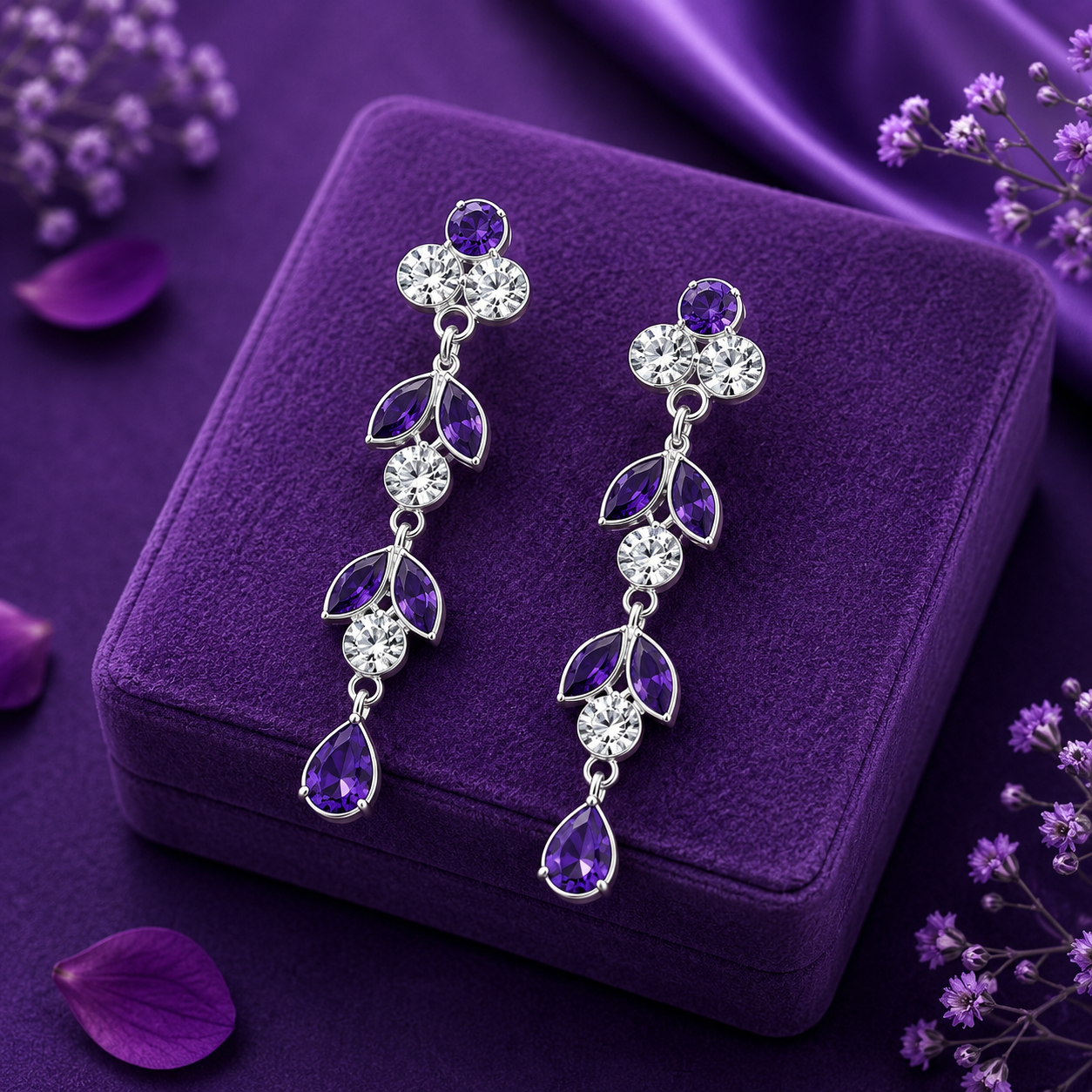 Elegant Purple Crystal Drop Earrings in Silver Finish